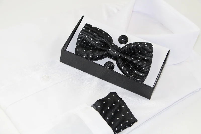 luxury silk wedding bow tie sets for men-Mens Black Gridded Squares Matching Bow Tie, Pocket Square & Cuff Links Set