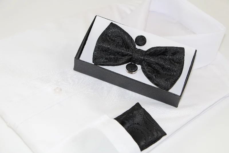 luxurious silk necktie ideas for wedding celebrations-Mens Black Paisley Matching Bow Tie, Pocket Square & Cuff Links Set