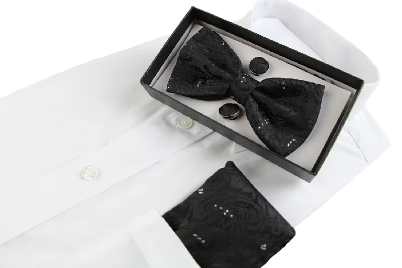 premium silk necktie combinations for office wear-Mens Black Paisley Tinsel Matching Bow Tie, Pocket Square & Cuff Links Set