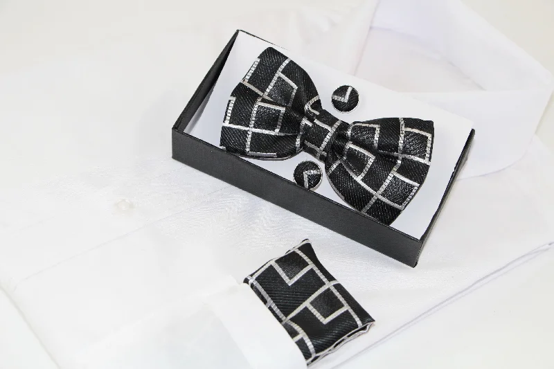 luxurious silk necktie options for weddings-Mens Black Rectilinear Matching Bow Tie, Pocket Square & Cuff Links Set