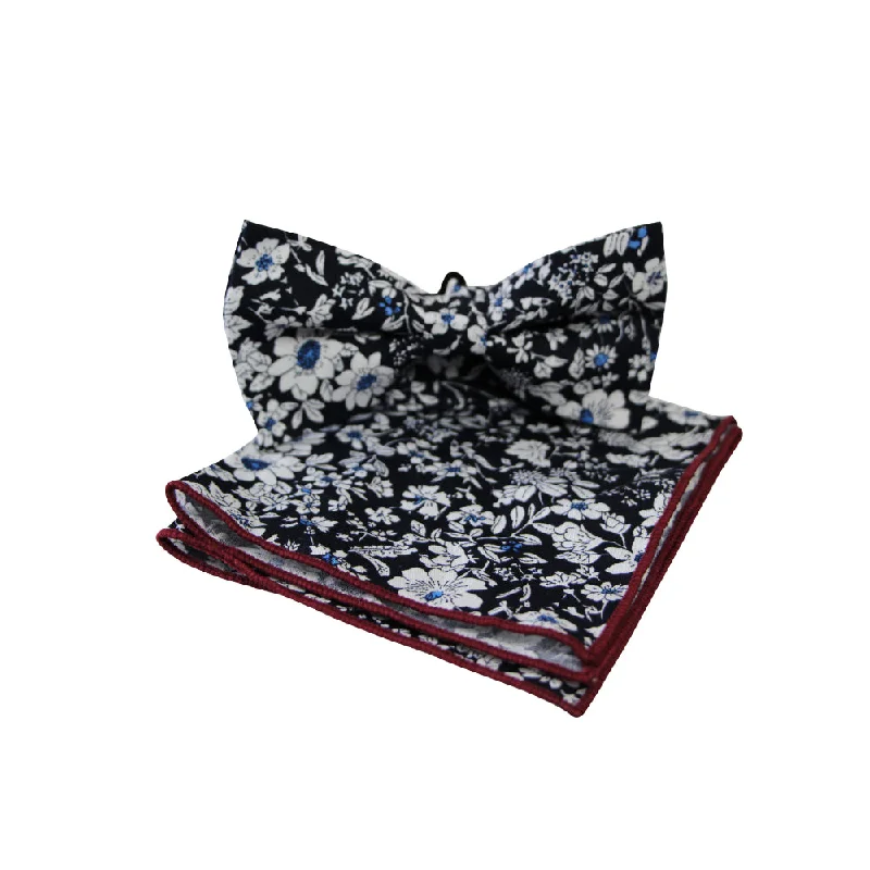 elegant silk necktie designs for business wear-Mens Black, White & Blue Floral Cotton Bow Tie & Pocket Square Set