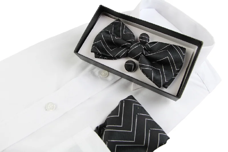 premium silk necktie designs for wedding celebrations-Mens Black Zig Zag Matching Bow Tie, Pocket Square & Cuff Links Set