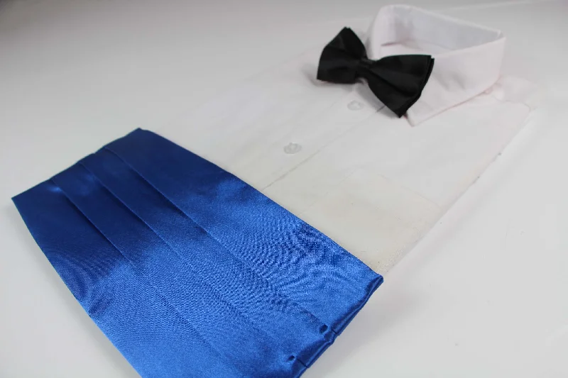 affordable silk necktie options for weddings-Mens Blue Cummerbund & Black Bow Tie Set