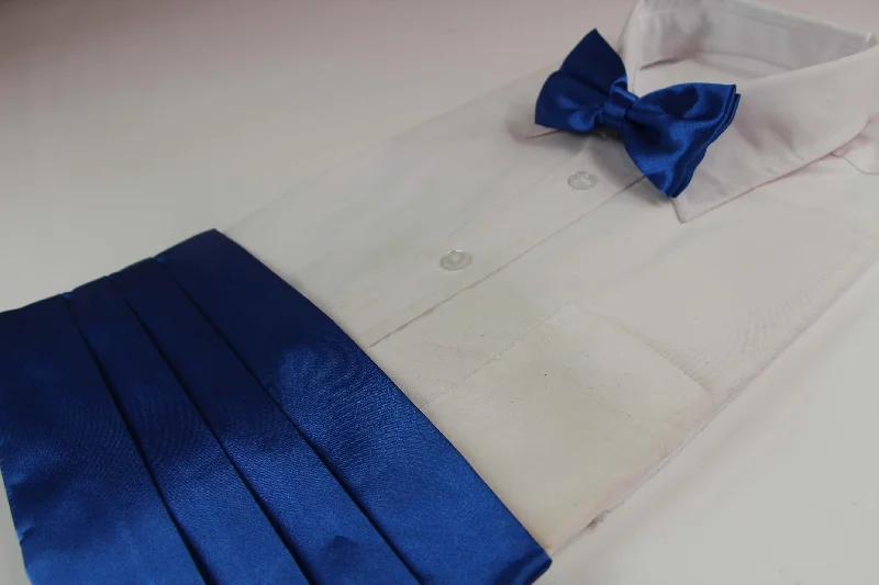 stylish silk necktie sets for corporate wear-Mens Blue Cummerbund & Matching Plain Bow Tie Set