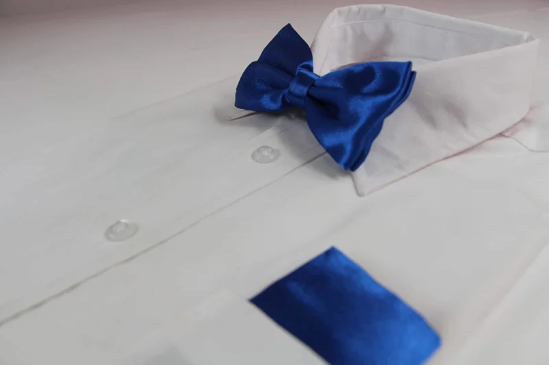 affordable silk wedding necktie designs for men-Mens Blue Plain Bow Tie & Matching Pocket Square Set