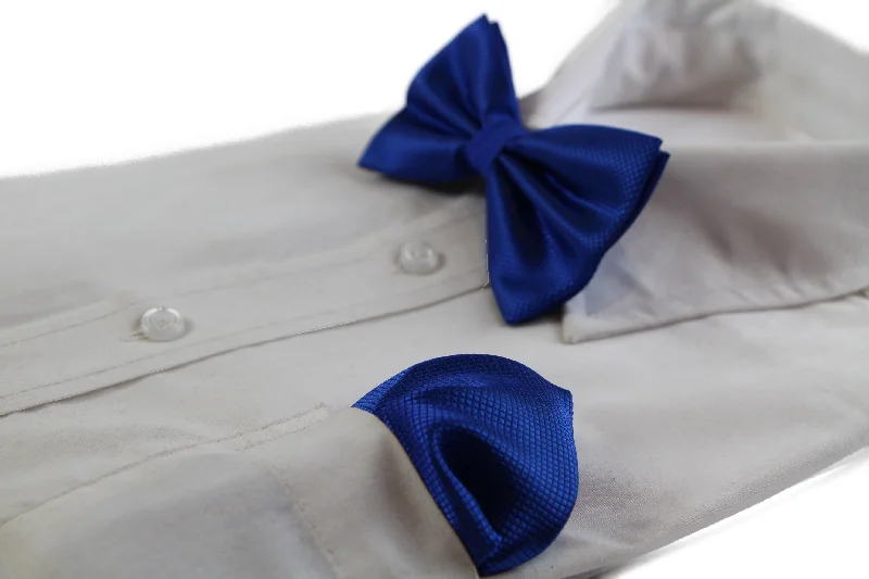 stylish silk necktie colors for weddings-Mens Blue Plain Coloured Checkered Bow Tie & Matching Pocket Square Set