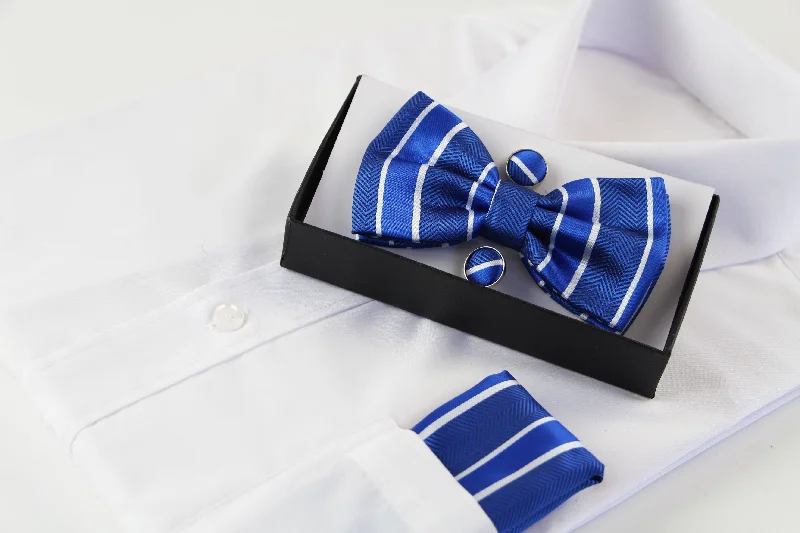 affordable silk necktie designs for office meetings-Mens Blue Textured Stripe Matching Bow Tie, Pocket Square & Cuff Links Set