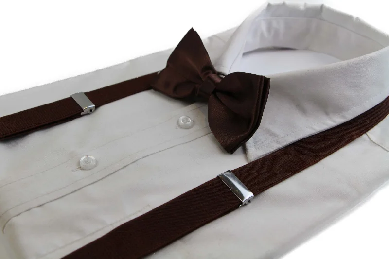 elegant silk necktie combinations for weddings-Mens Brown 100cm Suspenders & Matching Bow Tie Set