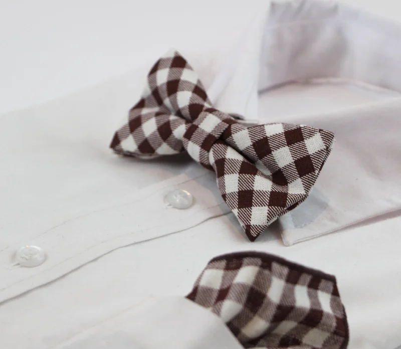 unique silk wedding necktie options for men-Mens Brown & White Tartan Cotton Check Bow Tie & Pocket Square Set