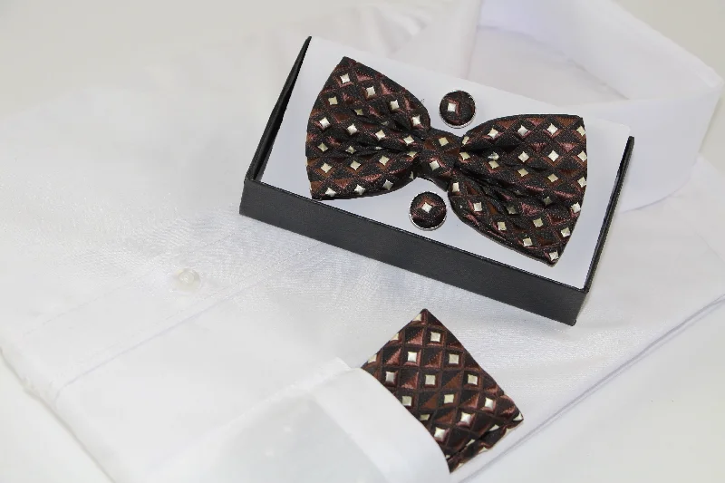 luxury silk wedding necktie colors-Mens Brown Diamond Matching Bow Tie, Pocket Square & Cuff Links Set