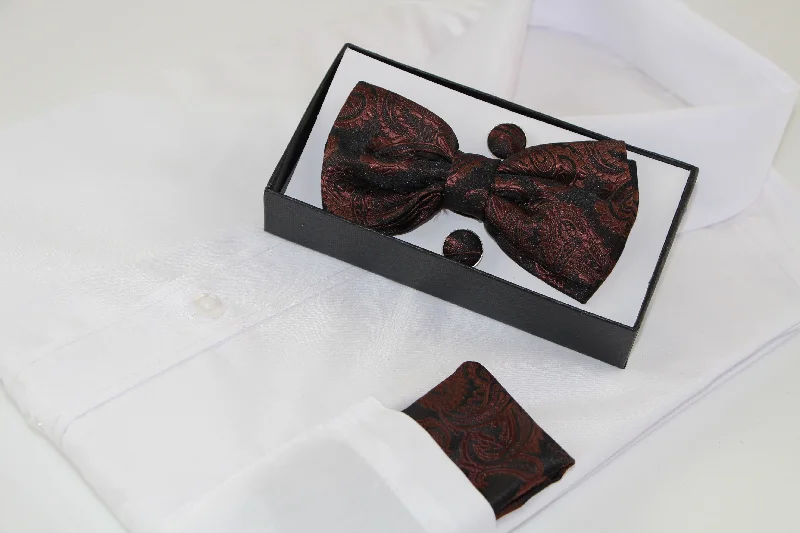 unique silk wedding necktie colors for men-Mens Brown Paisley Matching Bow Tie, Pocket Square & Cuff Links Set