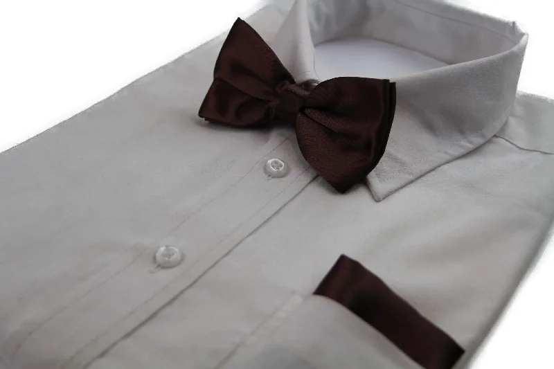 luxury silk wedding bow tie sets for men-Mens Brown Plain Bow Tie & Matching Pocket Square Set