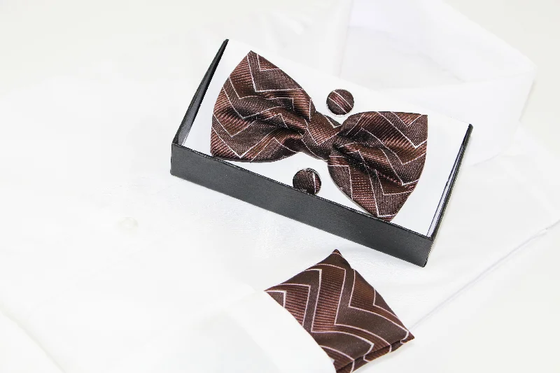 stylish silk wedding tie options for men-Mens Brown Zig Zag Matching Bow Tie, Pocket Square & Cuff Links Set