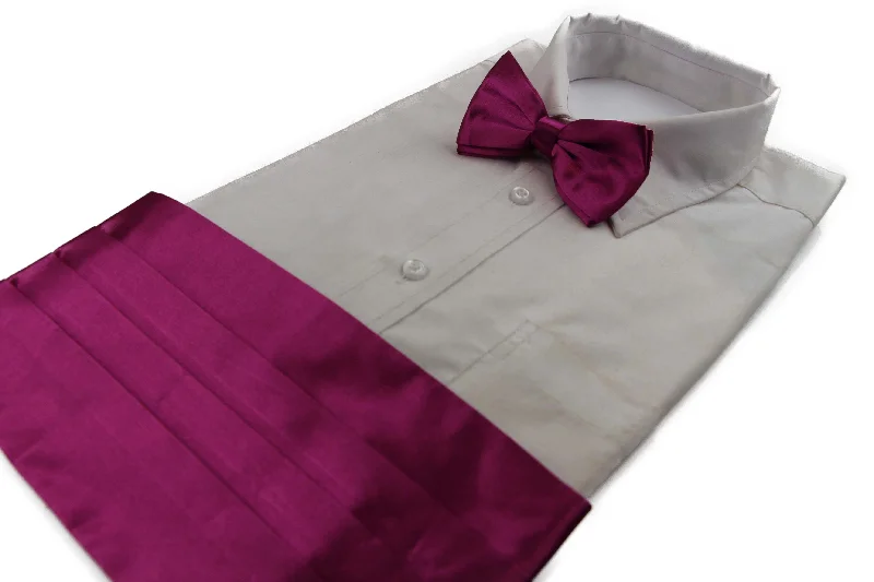 premium silk bow tie designs for weddings-Mens Burgundy Cummerbund & Matching Plain Bow Tie Set