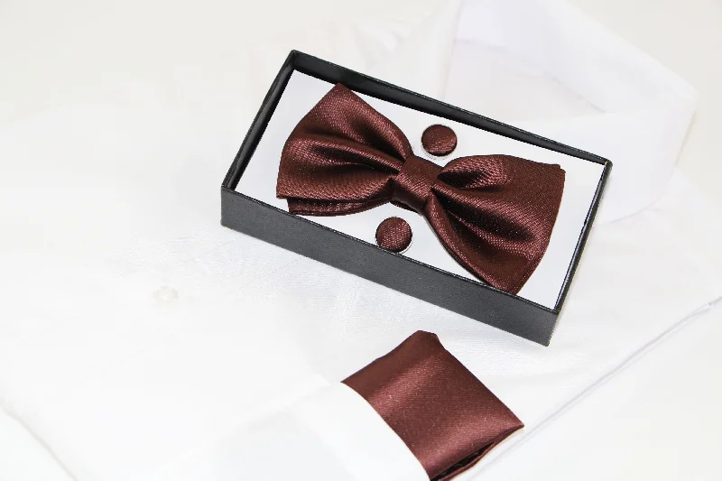 elegant silk wedding bow tie designs for men-Mens Chocolate Brown Matching Bow Tie, Pocket Square & Cuff Links Set