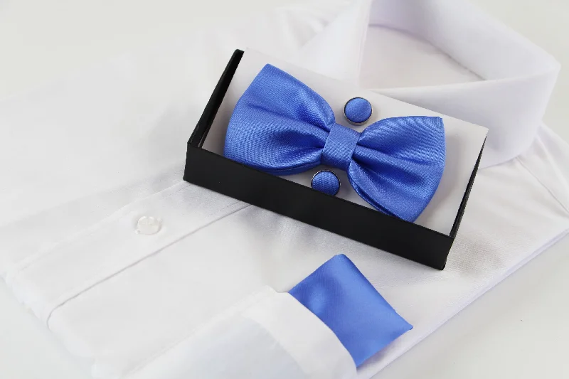 unique silk wedding necktie colors for men-Mens Cornflower Blue Matching Bow Tie, Pocket Square & Cuff Links Set