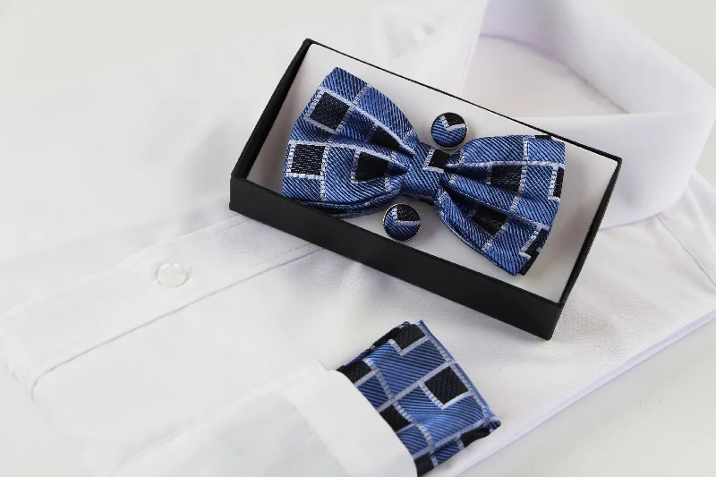 premium silk necktie sets for business meetings-Mens Cornflower Blue Rectilinear Matching Bow Tie, Pocket Square & Cuff Links Set