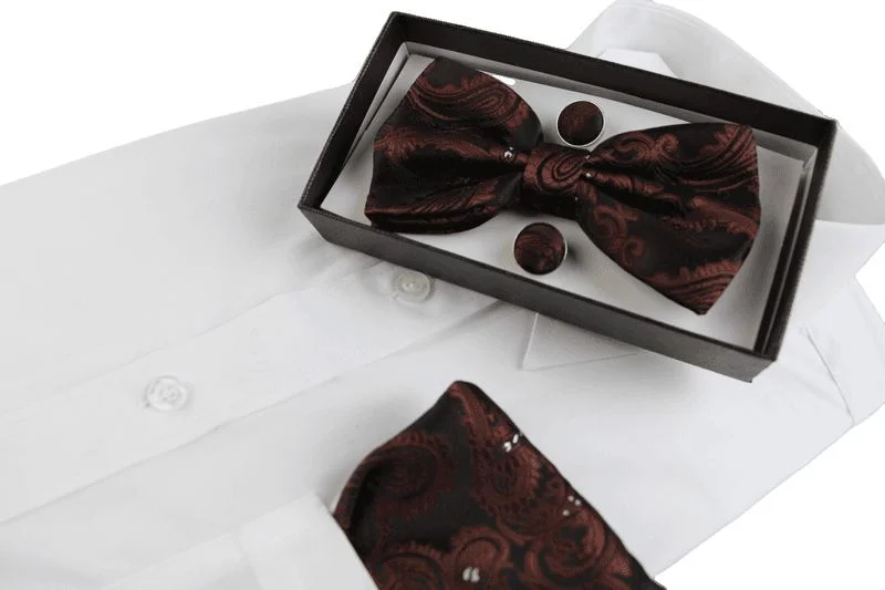 designer silk necktie designs for office wear-Mens Dark Brown Paisley Tinsel Matching Bow Tie, Pocket Square & Cuff Links Set