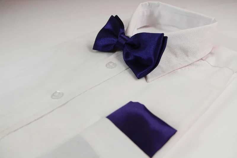 luxury silk necktie combinations for business wear-Mens Dark Purple Plain Bow Tie & Matching Pocket Square Set