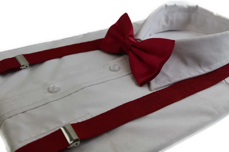 trendy silk wedding necktie colors for men-Mens Dark Red 100cm Suspenders & Matching Bow Tie Set