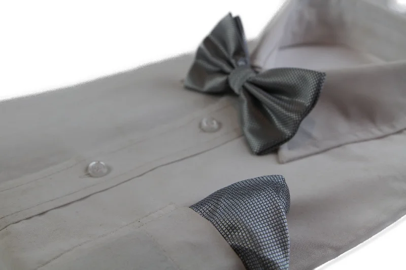 trendy silk necktie combinations for corporate events-Mens Dark Silver Plain Coloured Checkered Bow Tie & Matching Pocket Square Set