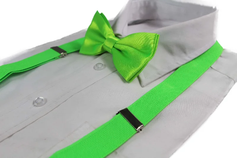 trendy silk wedding necktie colors for men-Mens Fluro Green 100cm Suspenders & Matching Bow Tie Set