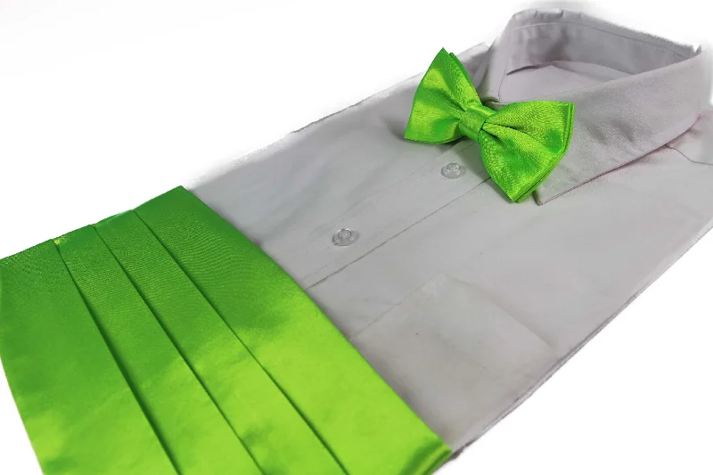 affordable silk necktie options for office wear-Mens Fluro Green Cummerbund & Matching Plain Bow Tie Set