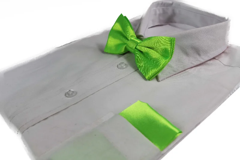 elegant silk necktie combinations for weddings-Mens Fluro Green Plain Bow Tie & Matching Pocket Square Set