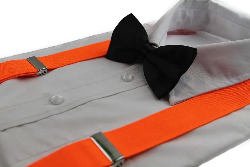 premium silk necktie combinations for weddings-Mens Fluro Orange 100cm Wide Suspenders & Black Bow Tie Set