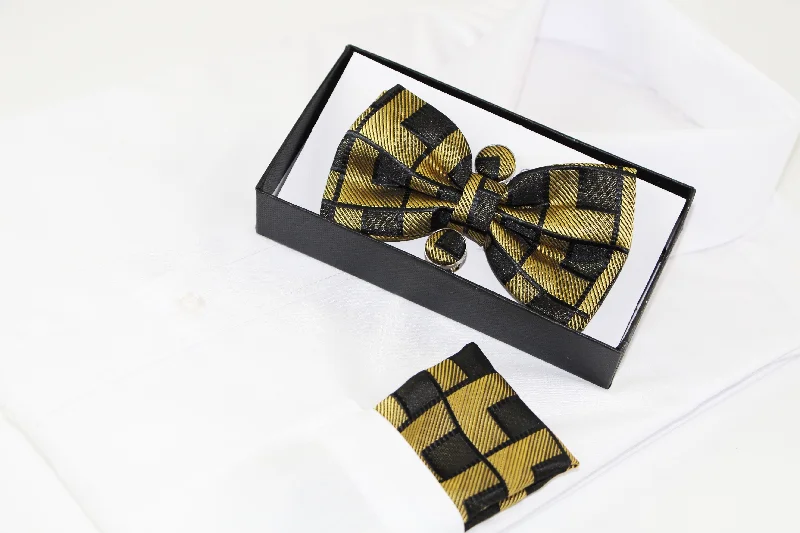 premium silk necktie designs for corporate wear-Mens Gold Rectilinear Matching Bow Tie, Pocket Square & Cuff Links Set