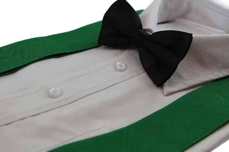 unique silk necktie options for weddings-Mens Green 120cm Extra Wide Suspenders & Black Bow Tie Set