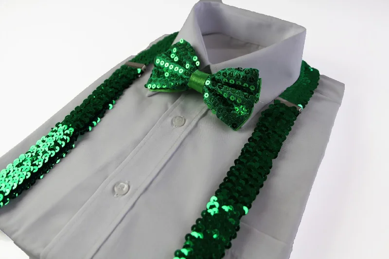 vibrant silk necktie colors for corporate wear-Mens Green Sequin Patterned Suspenders & Bow Tie Set