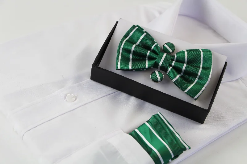 unique silk necktie combinations for business events-Mens Green Textured Stripe Matching Bow Tie, Pocket Square & Cuff Links Set