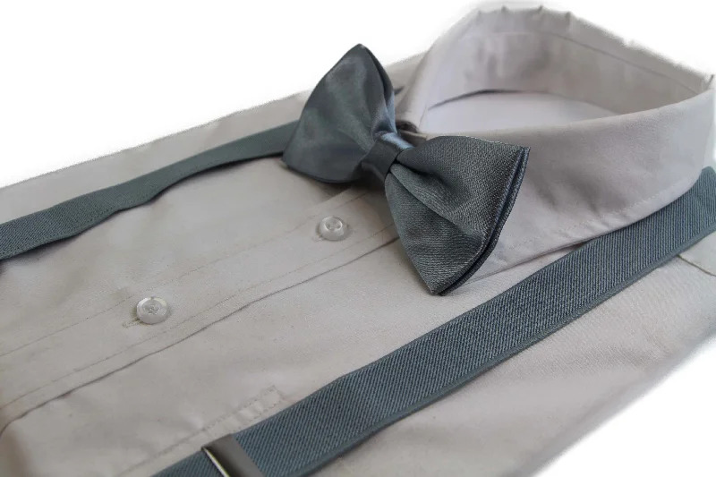 trendy silk necktie designs for weddings-Mens Grey 100cm Suspenders & Matching Bow Tie Set