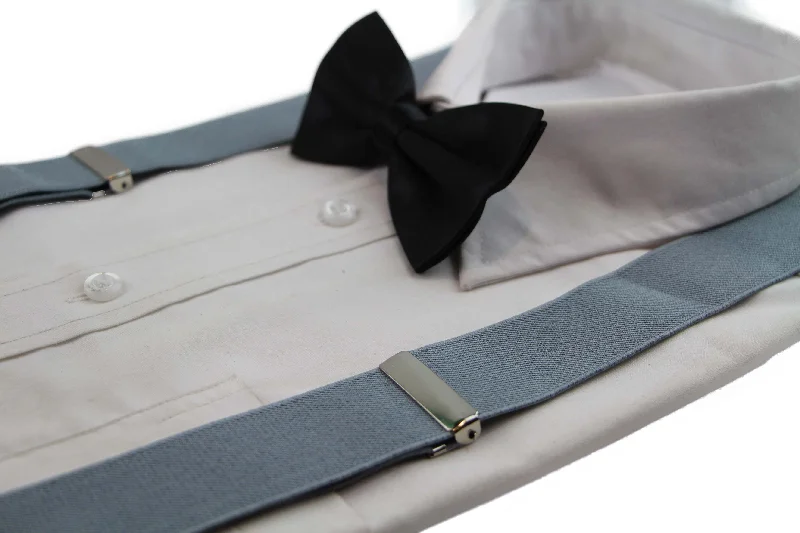 trendy silk necktie sets for office wear-Mens Grey 100cm Wide Suspenders & Black Bow Tie Set