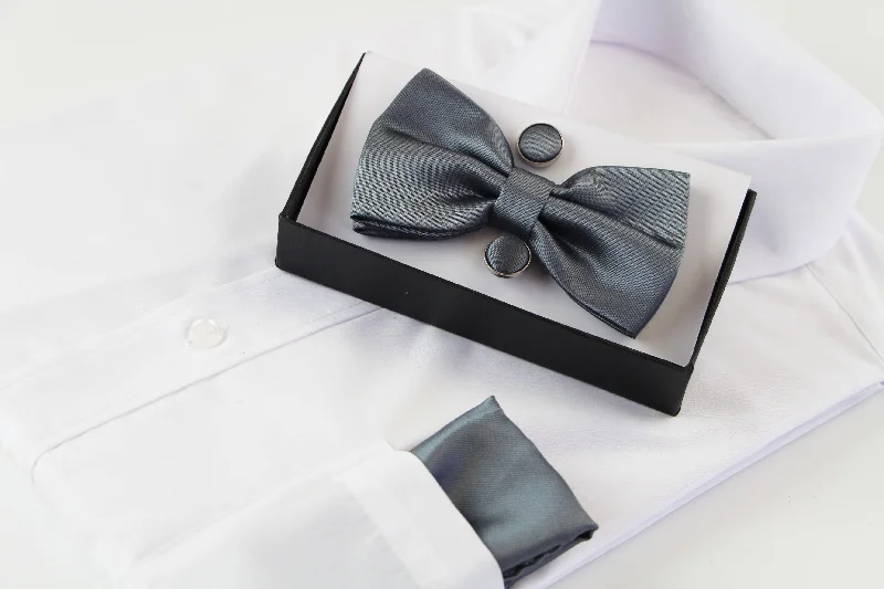 luxurious silk necktie designs for corporate wear-Mens Gunmetal Matching Bow Tie, Pocket Square & Cuff Links Set