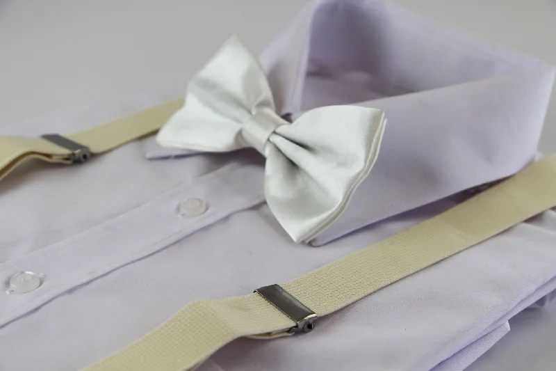 premium silk necktie colors for weddings-Mens Ivory 100cm Suspenders & Matching Bow Tie Set