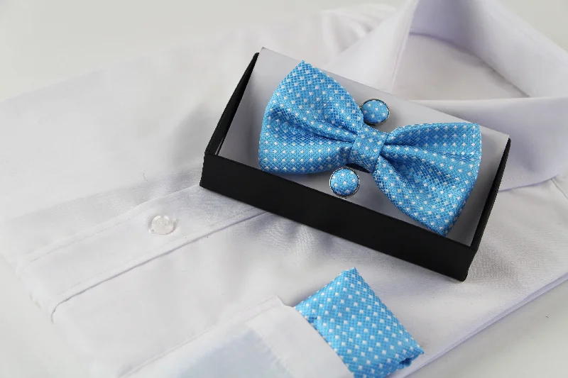 premium silk necktie styles for corporate meetings-Mens Light Blue Checkered Matching Bow Tie, Pocket Square & Cuff Links Set