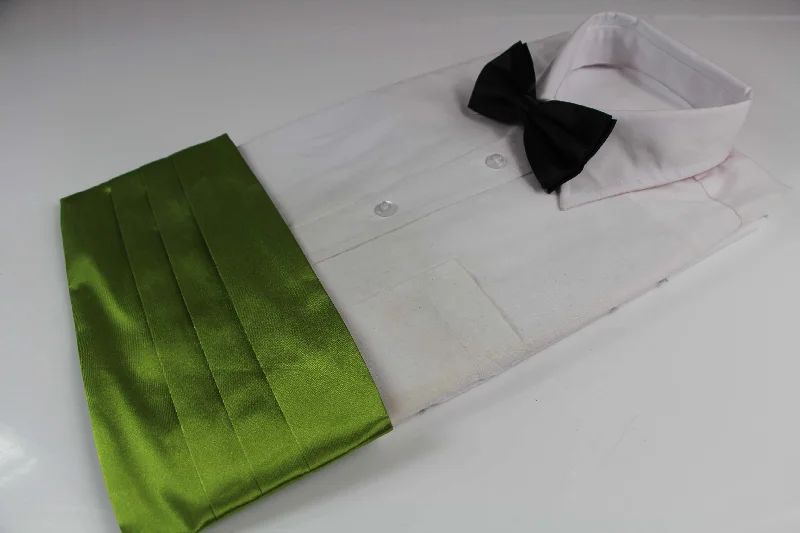 high-quality silk wedding necktie designs-Mens Light Green Cummerbund & Black Bow Tie Set