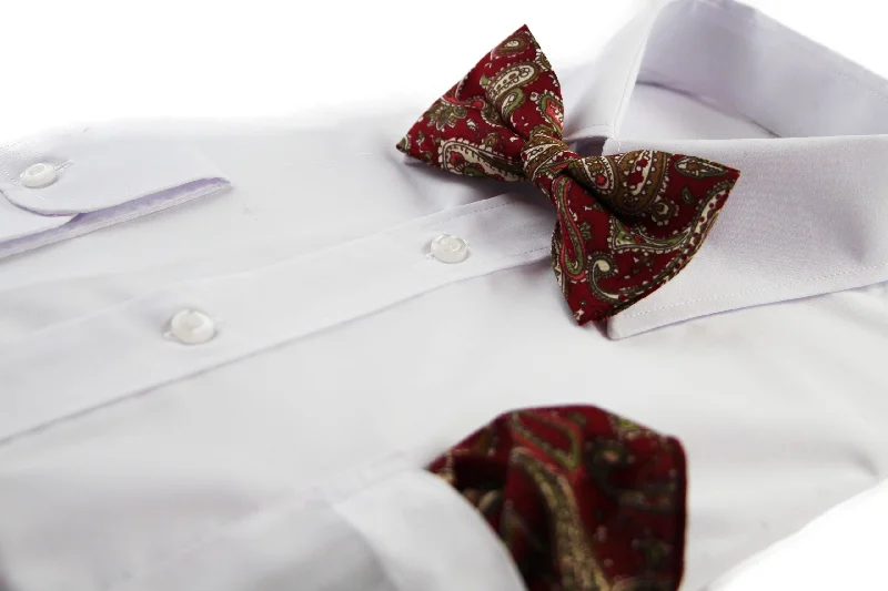 best silk wedding necktie designs for men-Mens Maroon, Green & Cream Paisley Cotton Bow Tie & Pocket Square Set