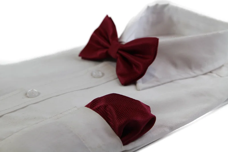 slim silk necktie designs for business wear-Mens Maroon Plain Coloured Checkered Bow Tie & Matching Pocket Square Set