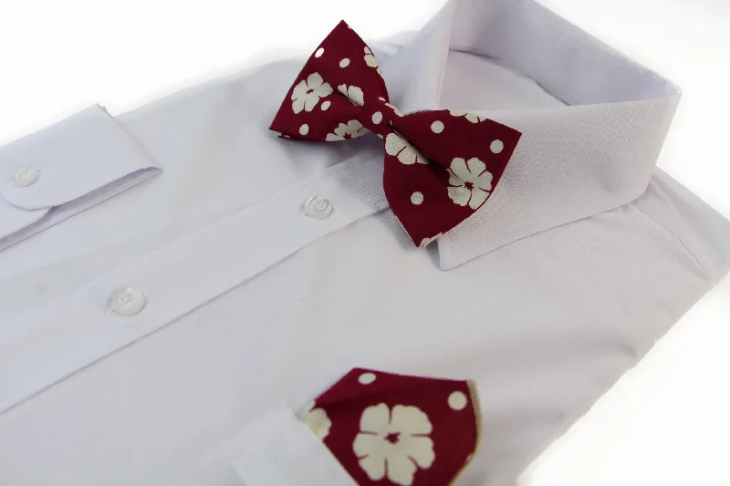 stylish silk necktie designs for office wear-Mens Maroon With Cream Flowers Cotton Bow Tie & Pocket Square Set