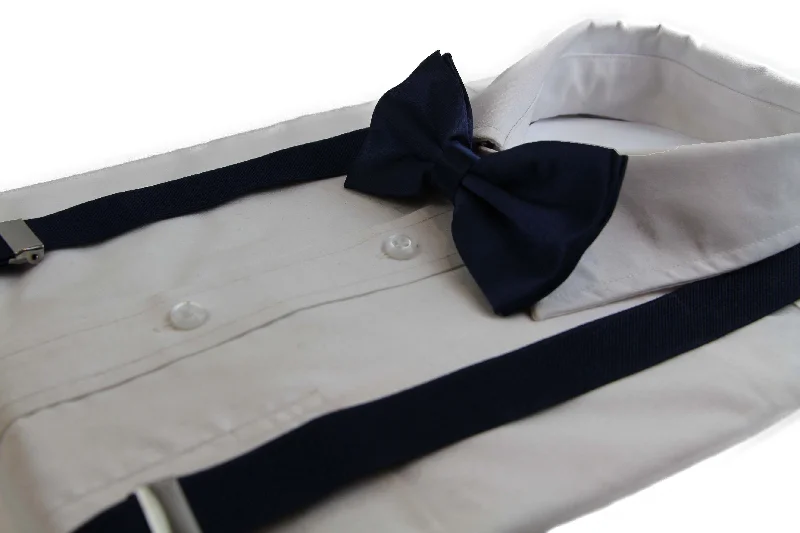 trendy silk wedding necktie ideas for men-Mens Midnight Blue 100cm Suspenders & Matching Bow Tie Set