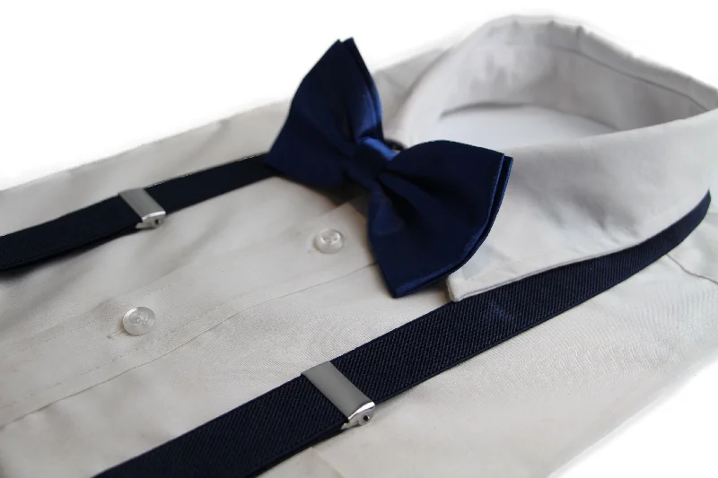 stylish silk wedding necktie sets for men-Mens Navy 100cm Suspenders & Matching Bow Tie Set