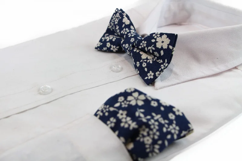 affordable silk necktie colors for office meetings-Mens Navy & White Flowers Cotton Bow Tie & Pocket Square Set