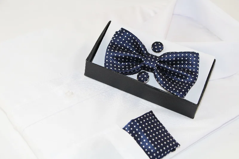 trendy silk necktie designs for weddings-Mens Navy Checkered Matching Bow Tie, Pocket Square & Cuff Links Set