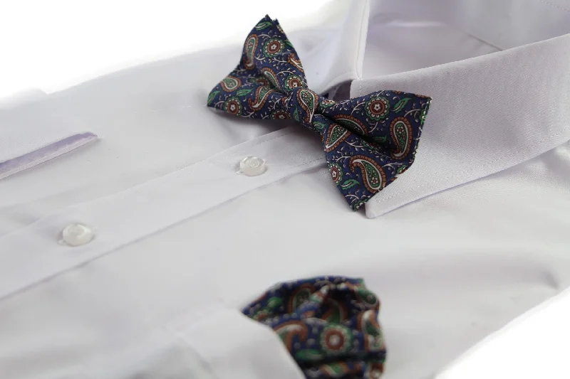 unique silk wedding bow ties for men-Mens Navy, Cream, Green Paisley Cotton Bow Tie & Pocket Square Set