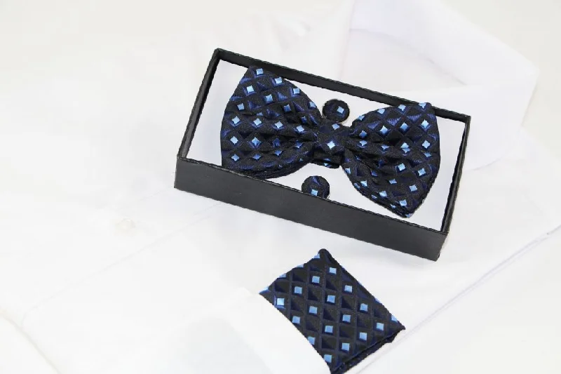 unique silk bow ties for office wear-Mens Navy Diamond Matching Bow Tie, Pocket Square & Cuff Links Set