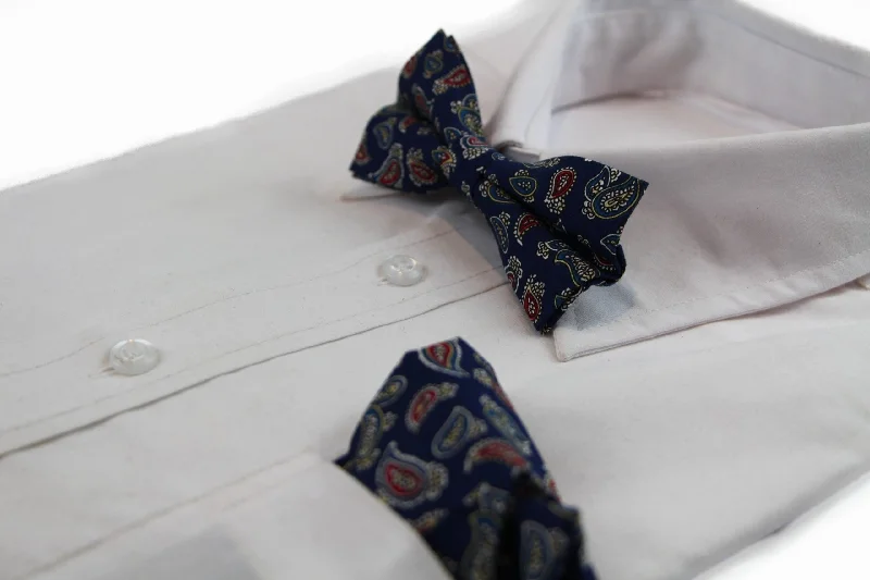 unique silk bow ties for office wear-Mens Navy, Red, White, Yellow & Blue Paisley Cotton Bow Tie & Pocket Square Set