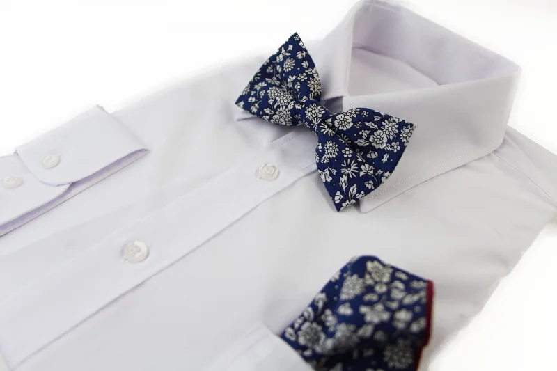 unique silk wedding necktie designs for men-Mens Navy With White Flowers Cotton Bow Tie & Pocket Square Set